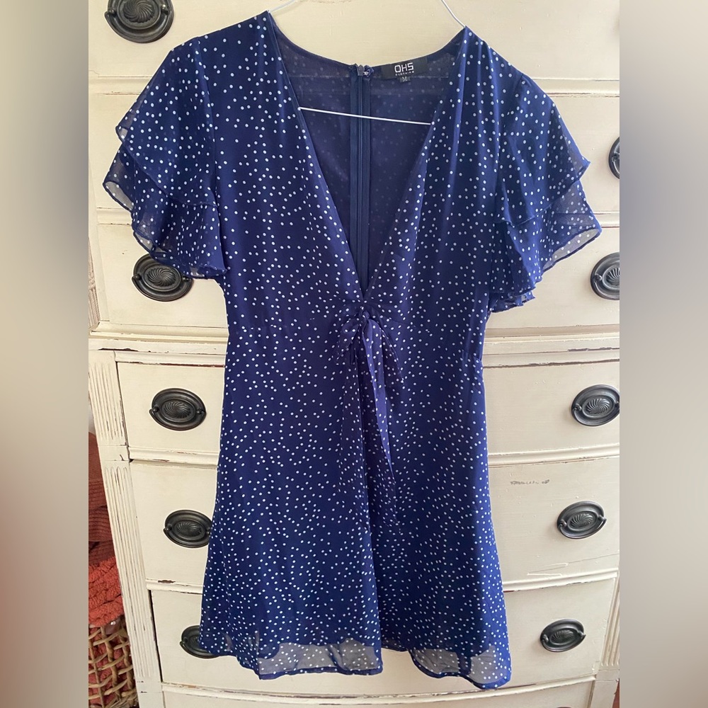 Navy blue and white, polka dot dress, size medium.
